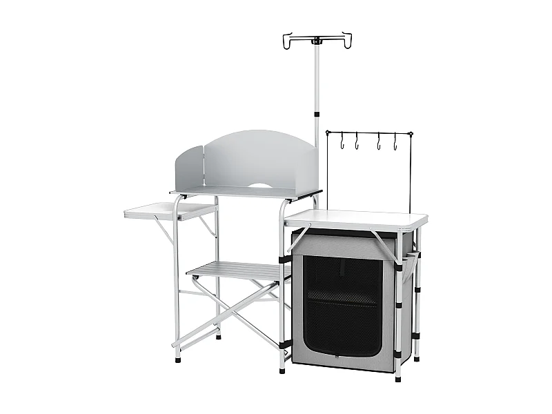 Opvouwbare kampeerkeuken met UV-bescherming en windscherm, 3 werkbladen en opbergruimte, aluminium, zilver (144x48x119 cm)