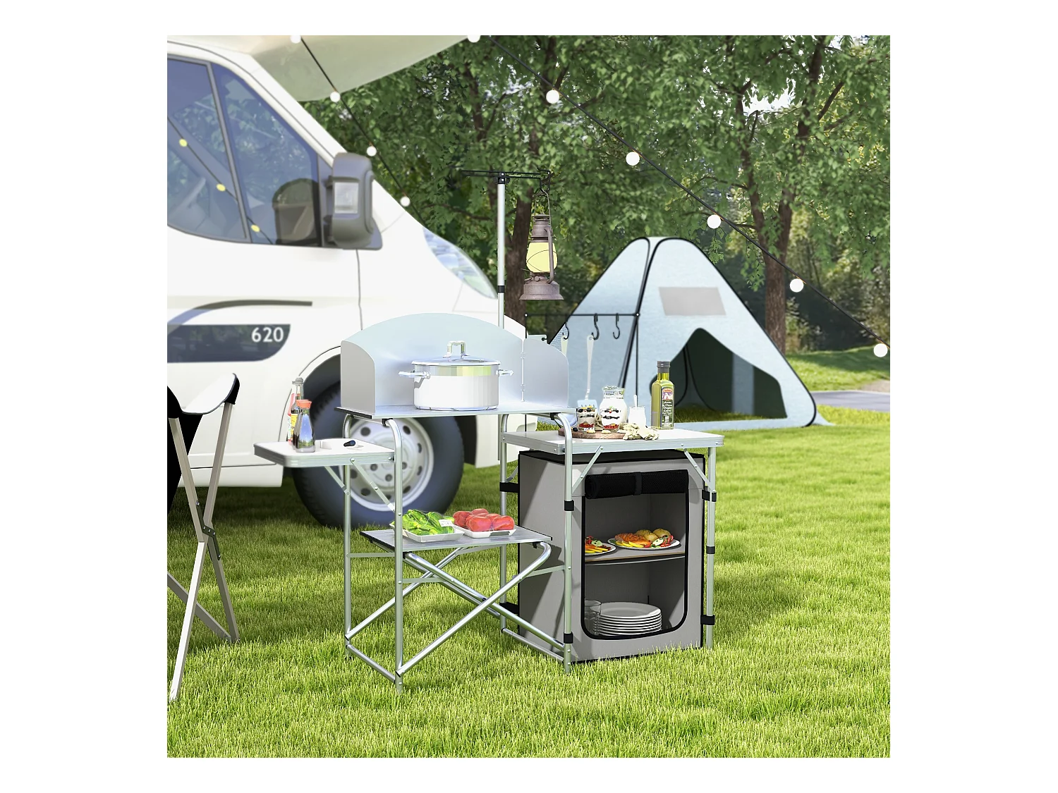 Opvouwbare kampeerkeuken met UV-bescherming en windscherm, 3 werkbladen en opbergruimte, aluminium, zilver (144x48x119 cm)