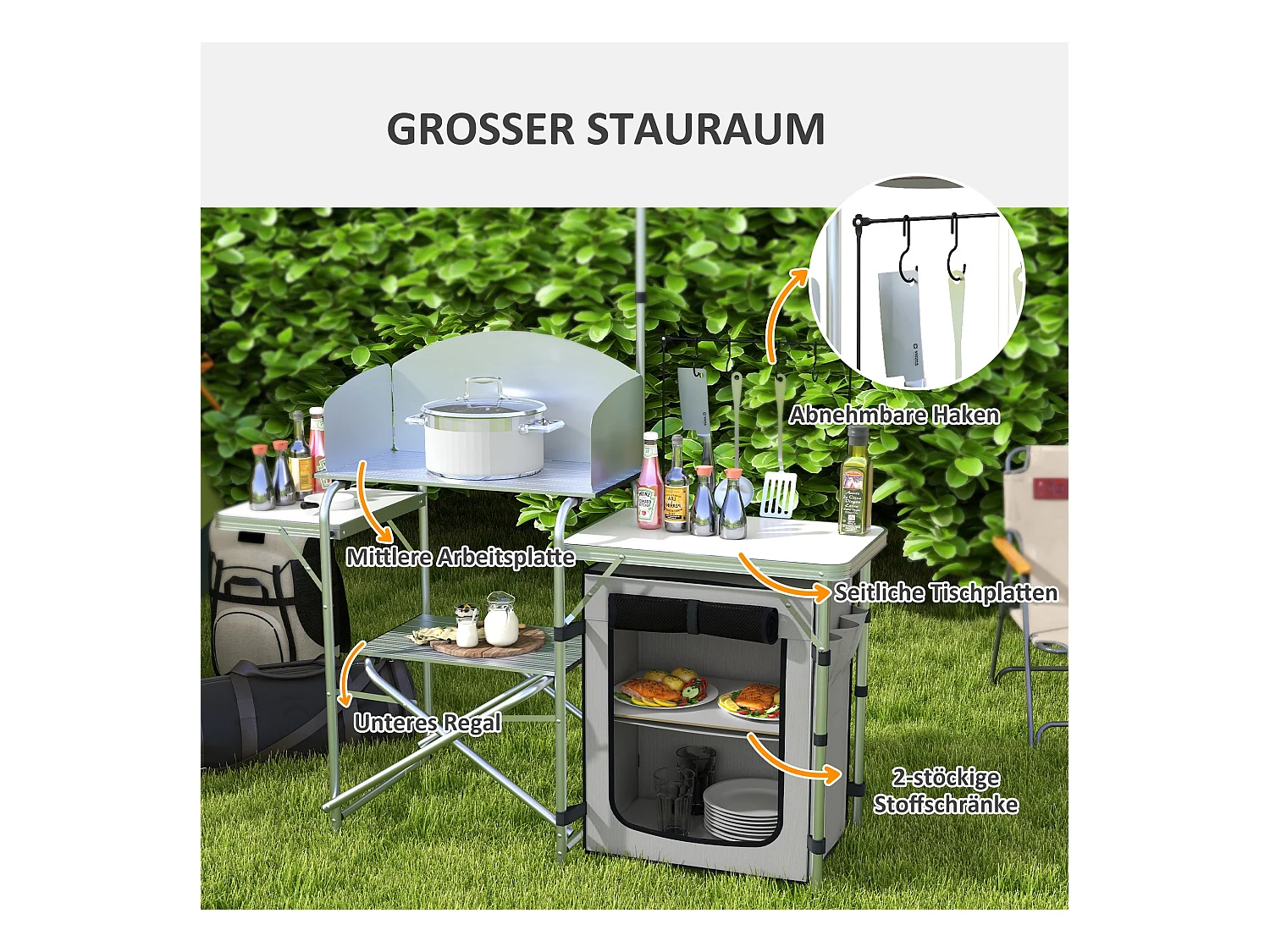 Opvouwbare kampeerkeuken met UV-bescherming en windscherm, 3 werkbladen en opbergruimte, aluminium, zilver (144x48x119 cm)
