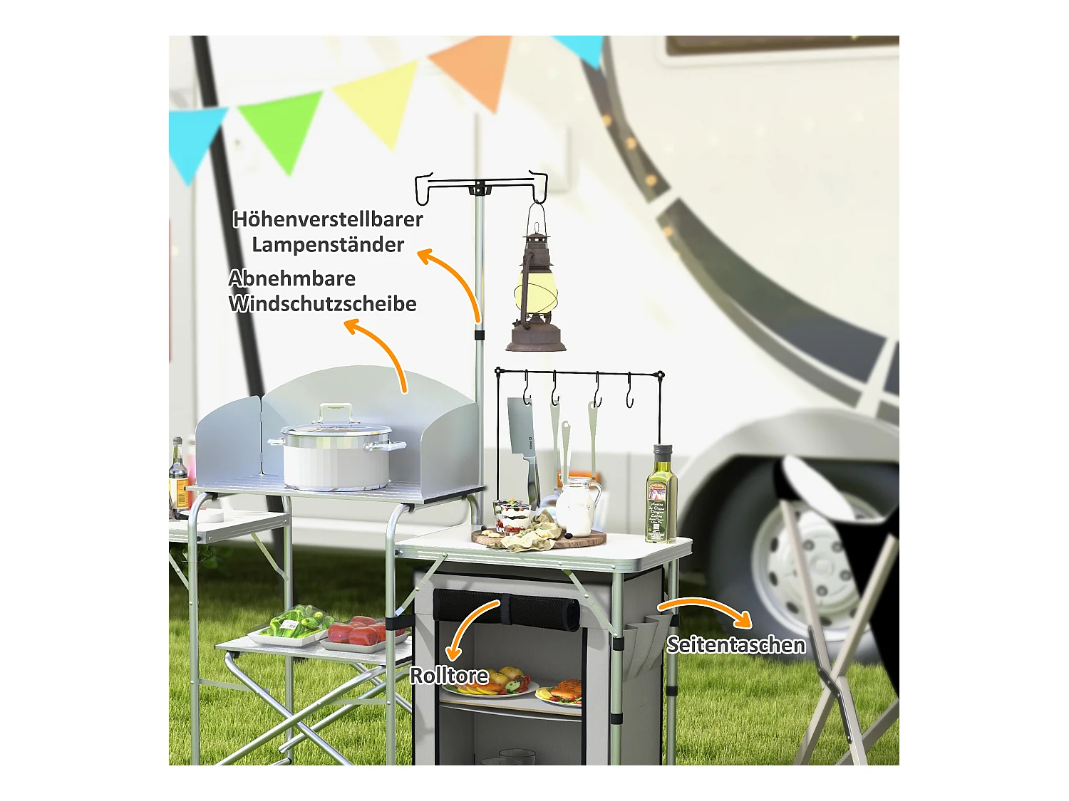 Opvouwbare kampeerkeuken met UV-bescherming en windscherm, 3 werkbladen en opbergruimte, aluminium, zilver (144x48x119 cm)