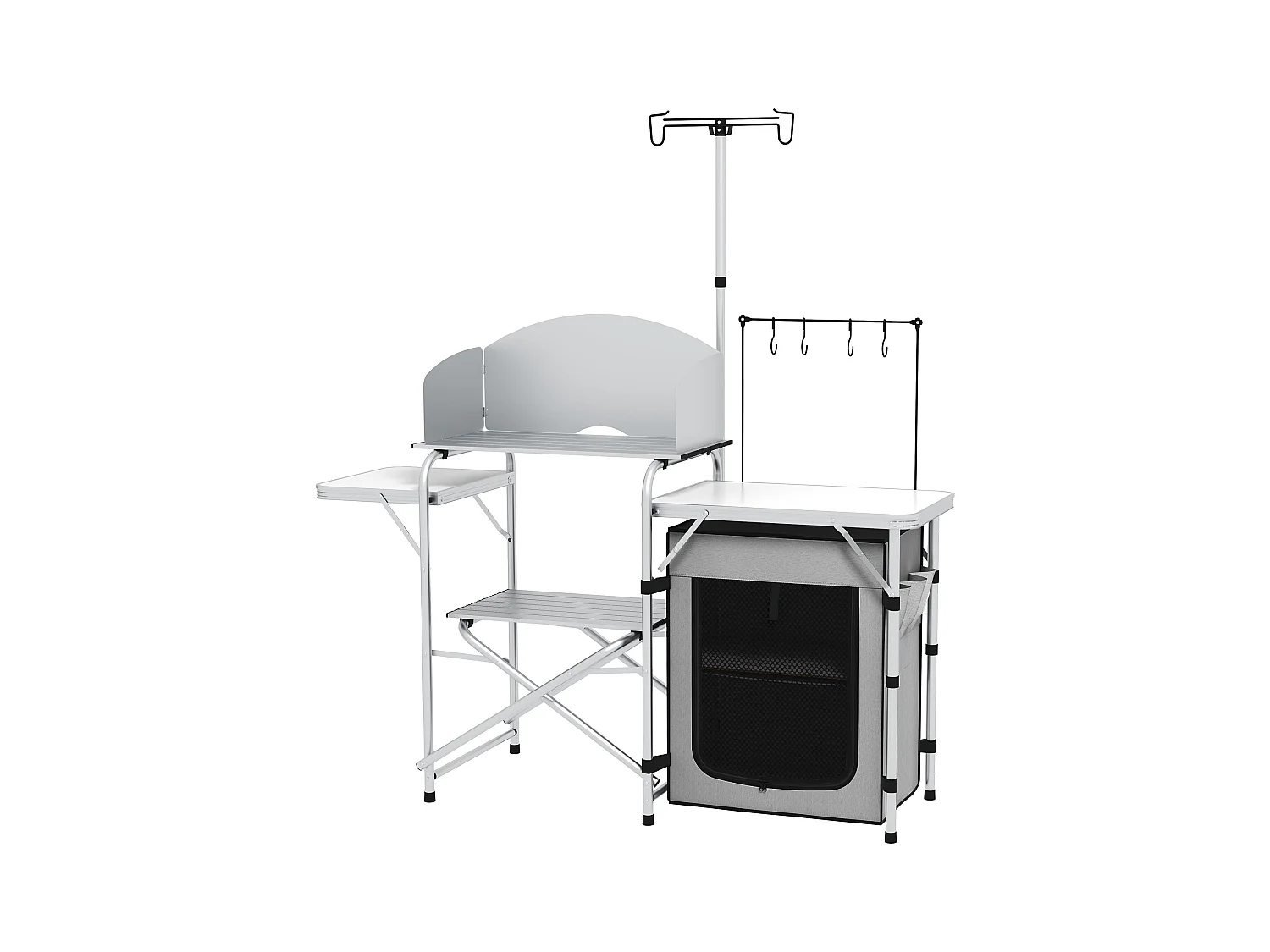 Opvouwbare kampeerkeuken met UV-bescherming en windscherm, 3 werkbladen en opbergruimte, aluminium, zilver (144x48x119 cm)