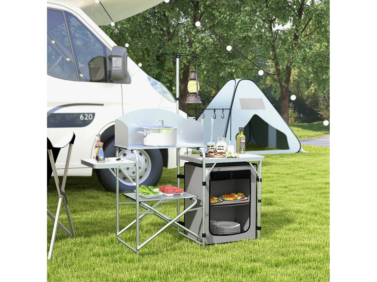 Cuisine de camping pliante avec protection UV et pare-vent, 3 plans de travail et rangement, aluminium, argenté (144x48x119 cm)