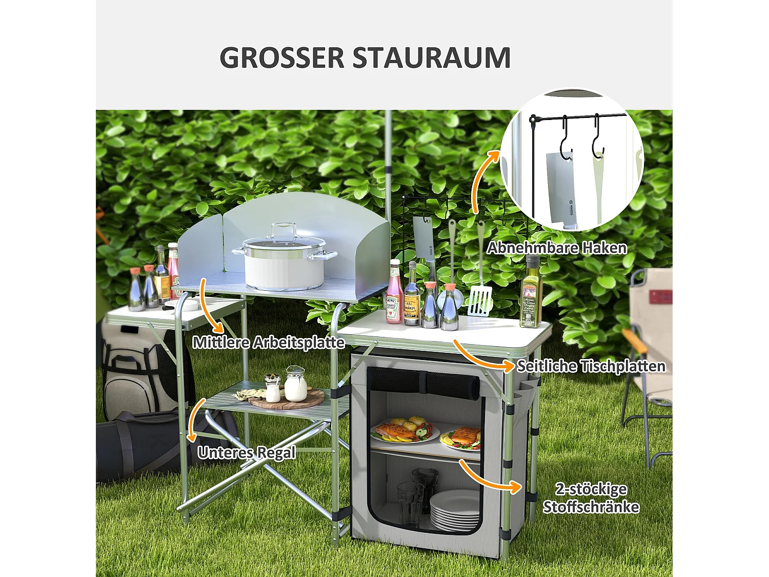 Cuisine de camping pliante avec protection UV et pare-vent, 3 plans de travail et rangement, aluminium, argenté (144x48x119 cm)