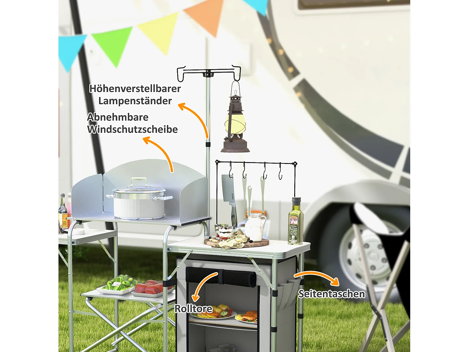 Cuisine de camping pliante avec protection UV et pare-vent, 3 plans de travail et rangement, aluminium, argenté (144x48x119 cm)