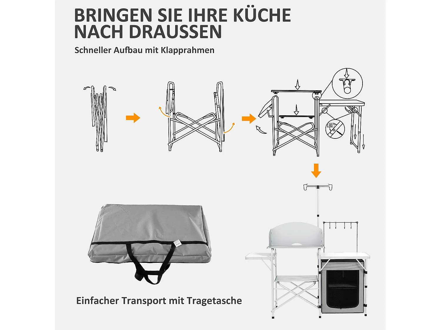 Cuisine de camping pliante avec protection UV et pare-vent, 3 plans de travail et rangement, aluminium, argenté (144x48x119 cm)