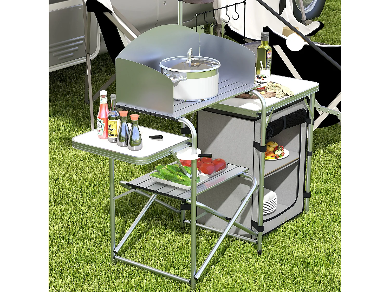 Cuisine de camping pliante avec protection UV et pare-vent, 3 plans de travail et rangement, aluminium, argenté (144x48x119 cm)