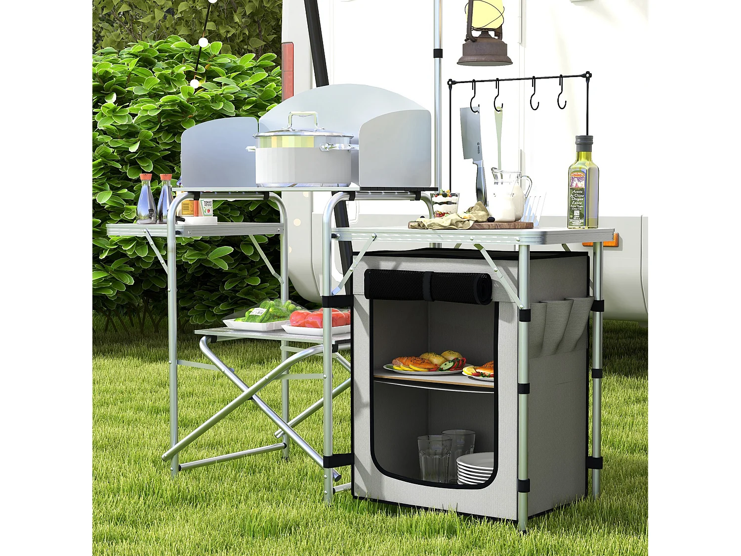 Cuisine de camping pliante avec protection UV et pare-vent, 3 plans de travail et rangement, aluminium, argenté (144x48x119 cm)