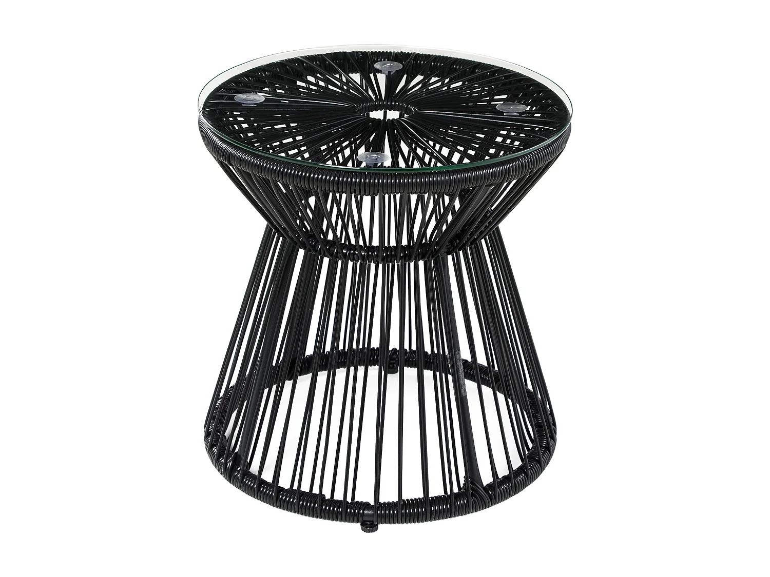 Tavolo da giardino rotondo con piano in vetro, design a tamburo, metallo e rattan sintetico, nero, stile boho (40x40x42cm)