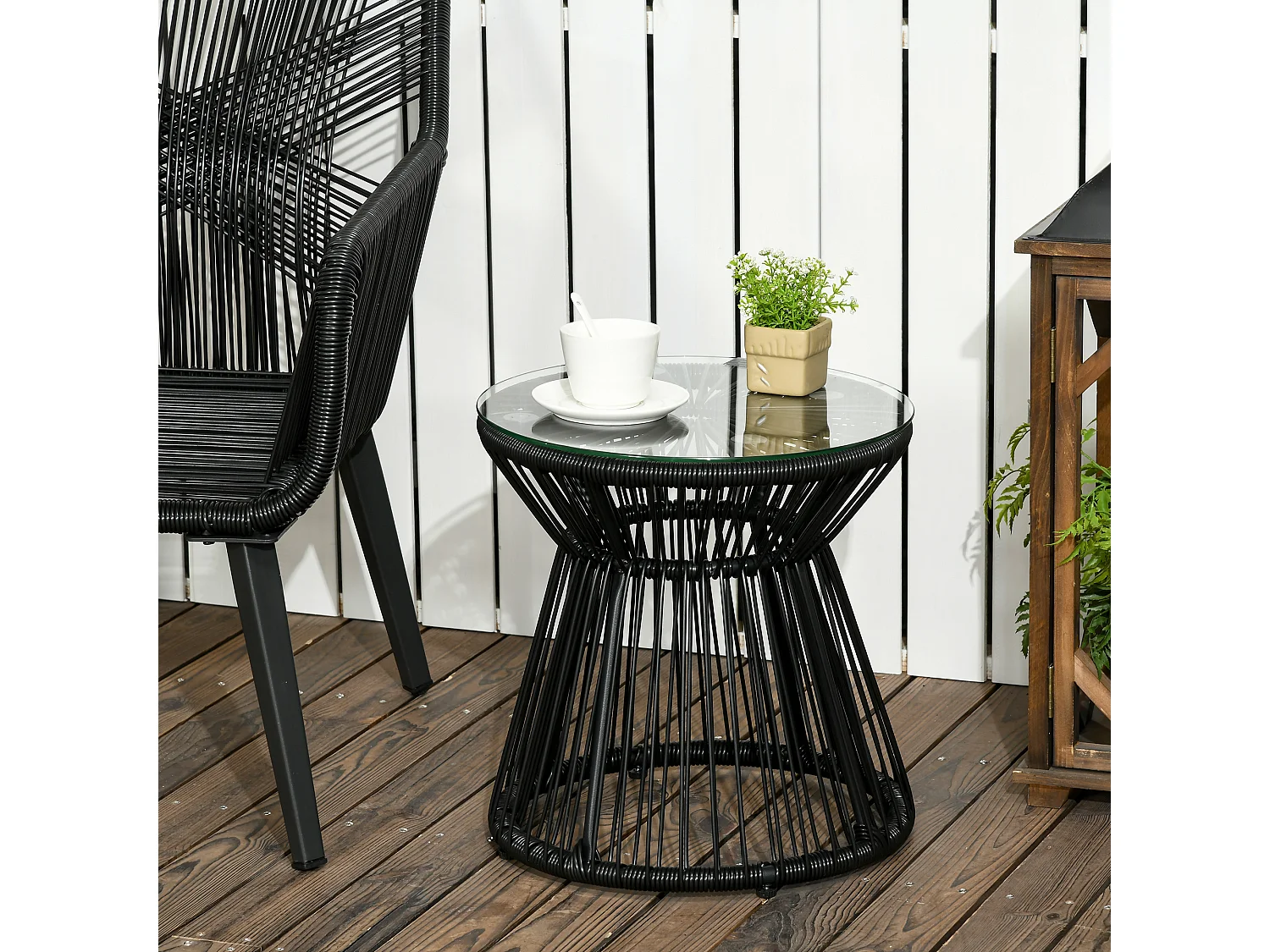 Tavolo da giardino rotondo con piano in vetro, design a tamburo, metallo e rattan sintetico, nero, stile boho (40x40x42cm)