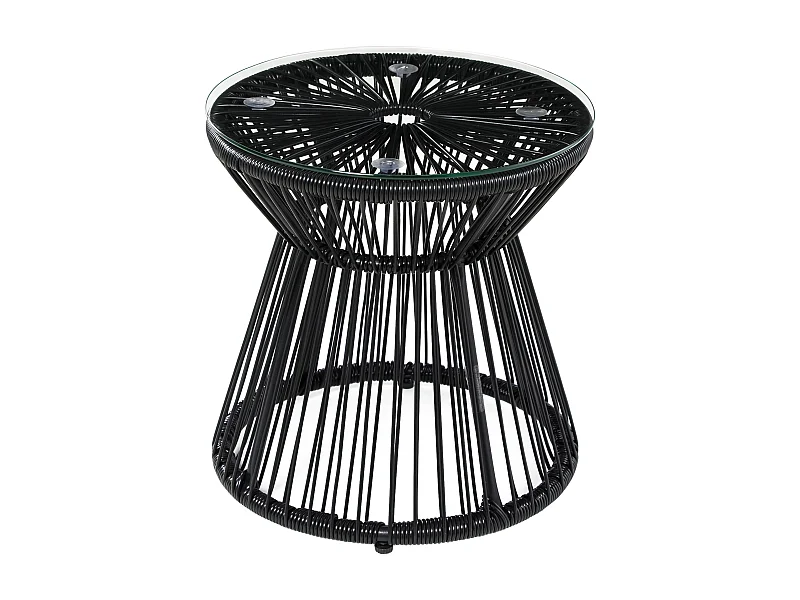 Tavolo da giardino rotondo con piano in vetro, design a tamburo, metallo e rattan sintetico, nero, stile boho (40x40x42cm)