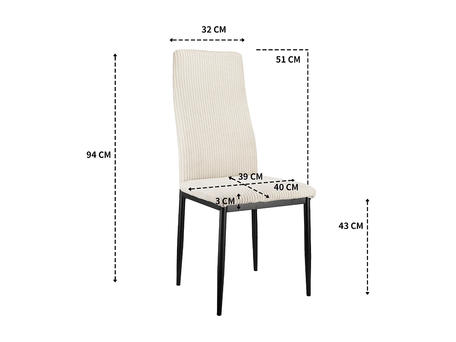 Lot de 4 chaises de salle à manger, dossier haut, assise rembourrée, structure métallique, Velours côtelé ou lin gris (40x39x94 cm)
