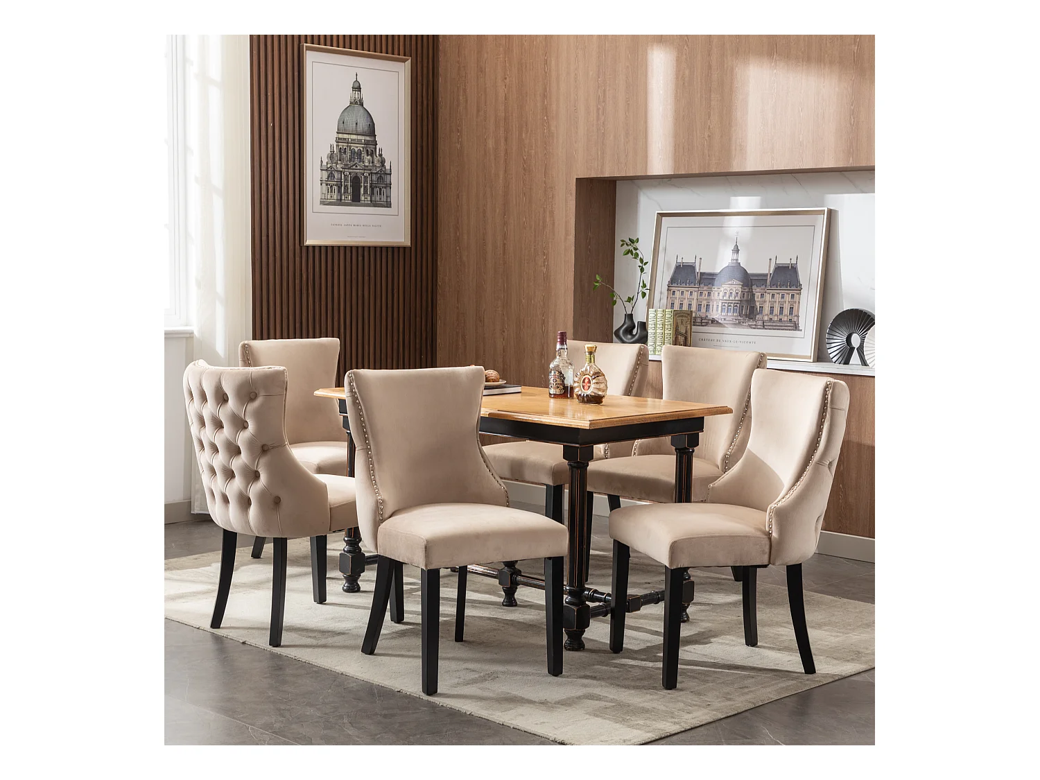 Chaise en Velours Beige avec Dossier Capitonné, Pieds en Bois Massif, 4 Pieds, Lot de 6 Chaises (50x41x91 cm)