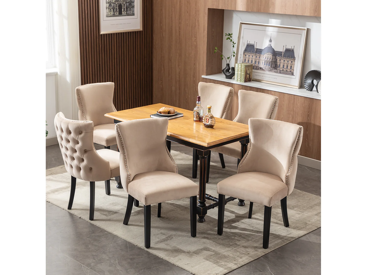 Chaise en Velours Beige avec Dossier Capitonné, Pieds en Bois Massif, 4 Pieds, Lot de 6 Chaises (50x41x91 cm)