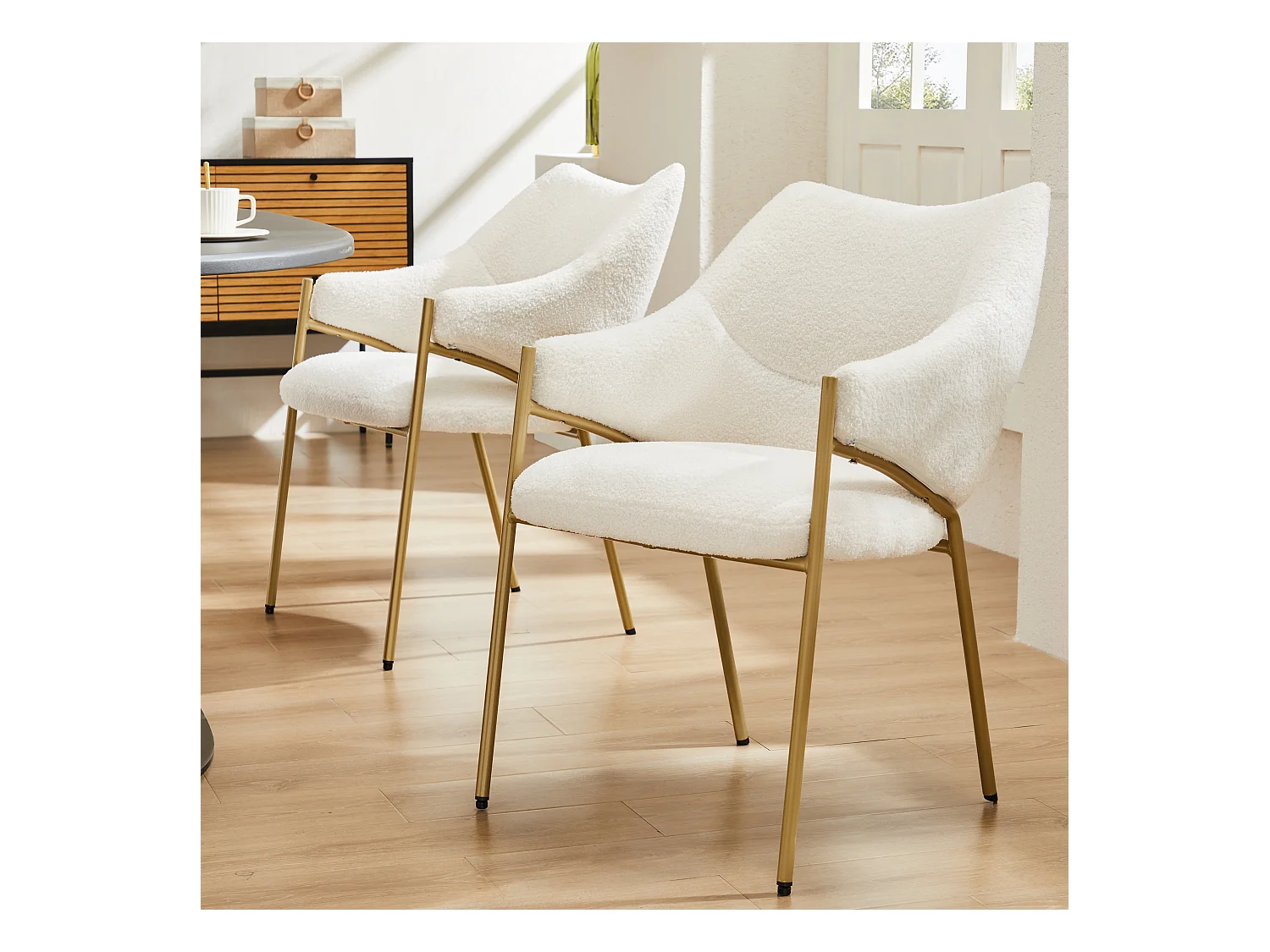 Chaise de salle à manger (2 pièces), fauteuil lounge avec accoudoirs, tissu sherpa beige, coussin épais (52.5x48x83.7 cm)