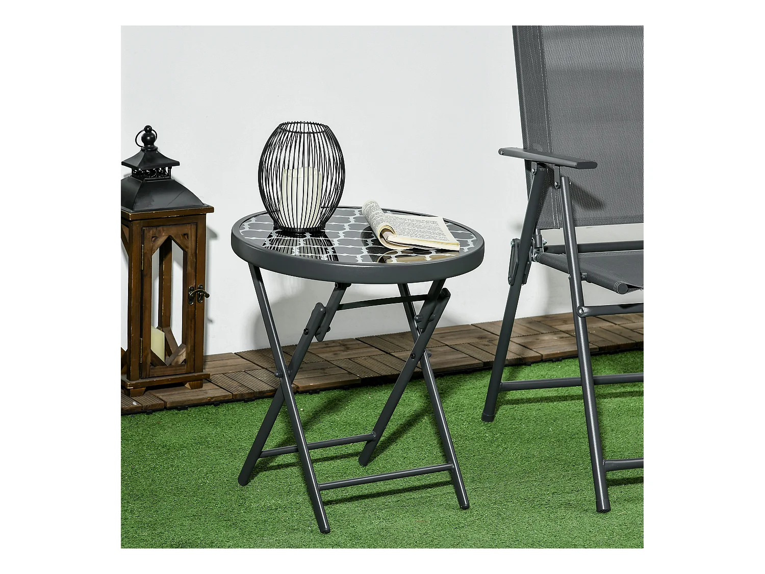 Ronde opklapbare tafel met glazen blad, metaal, zwart (Ø45x50cm)