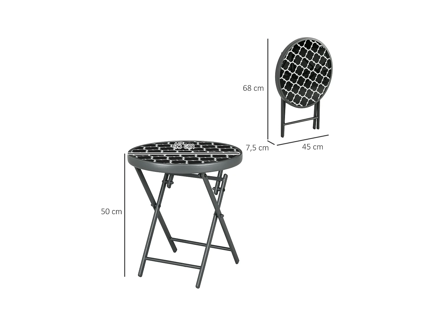 Ronde opklapbare tafel met glazen blad, metaal, zwart (Ø45x50cm)