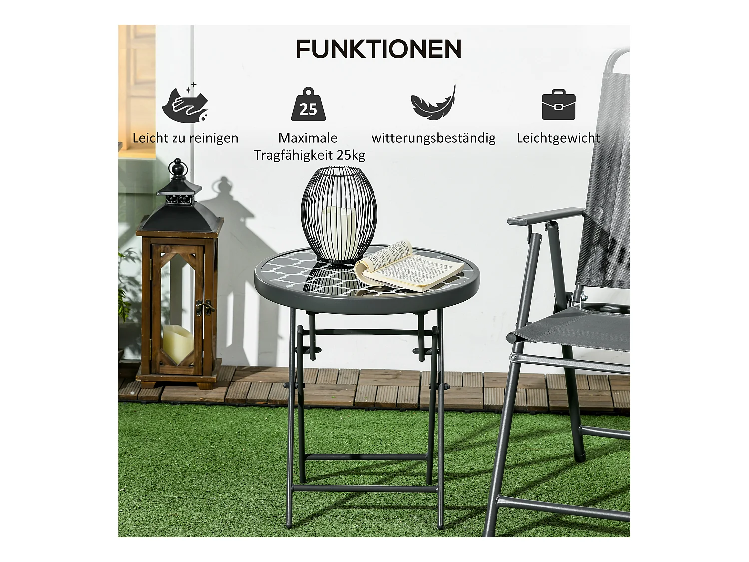 Ronde opklapbare tafel met glazen blad, metaal, zwart (Ø45x50cm)