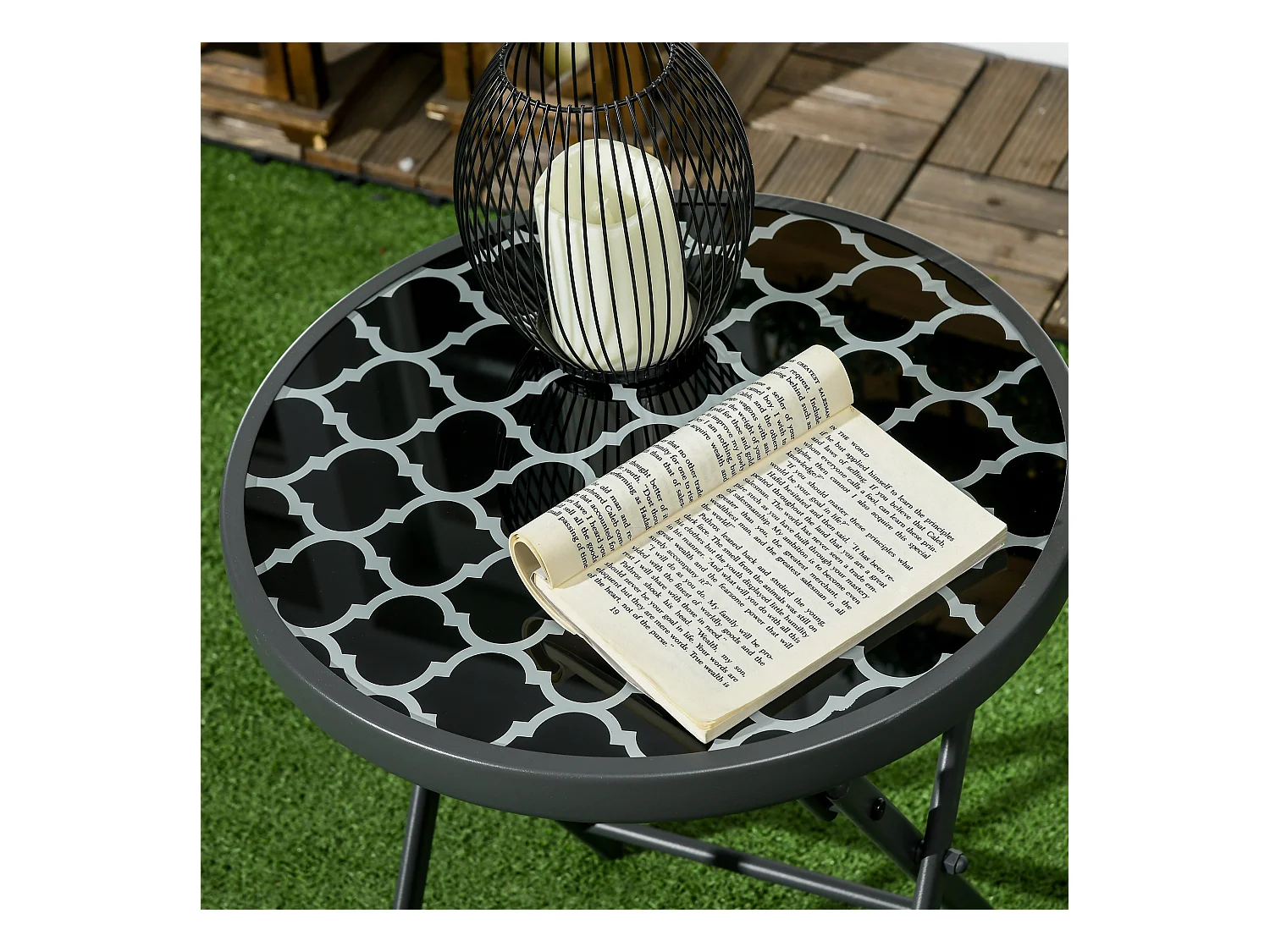 Ronde opklapbare tafel met glazen blad, metaal, zwart (Ø45x50cm)