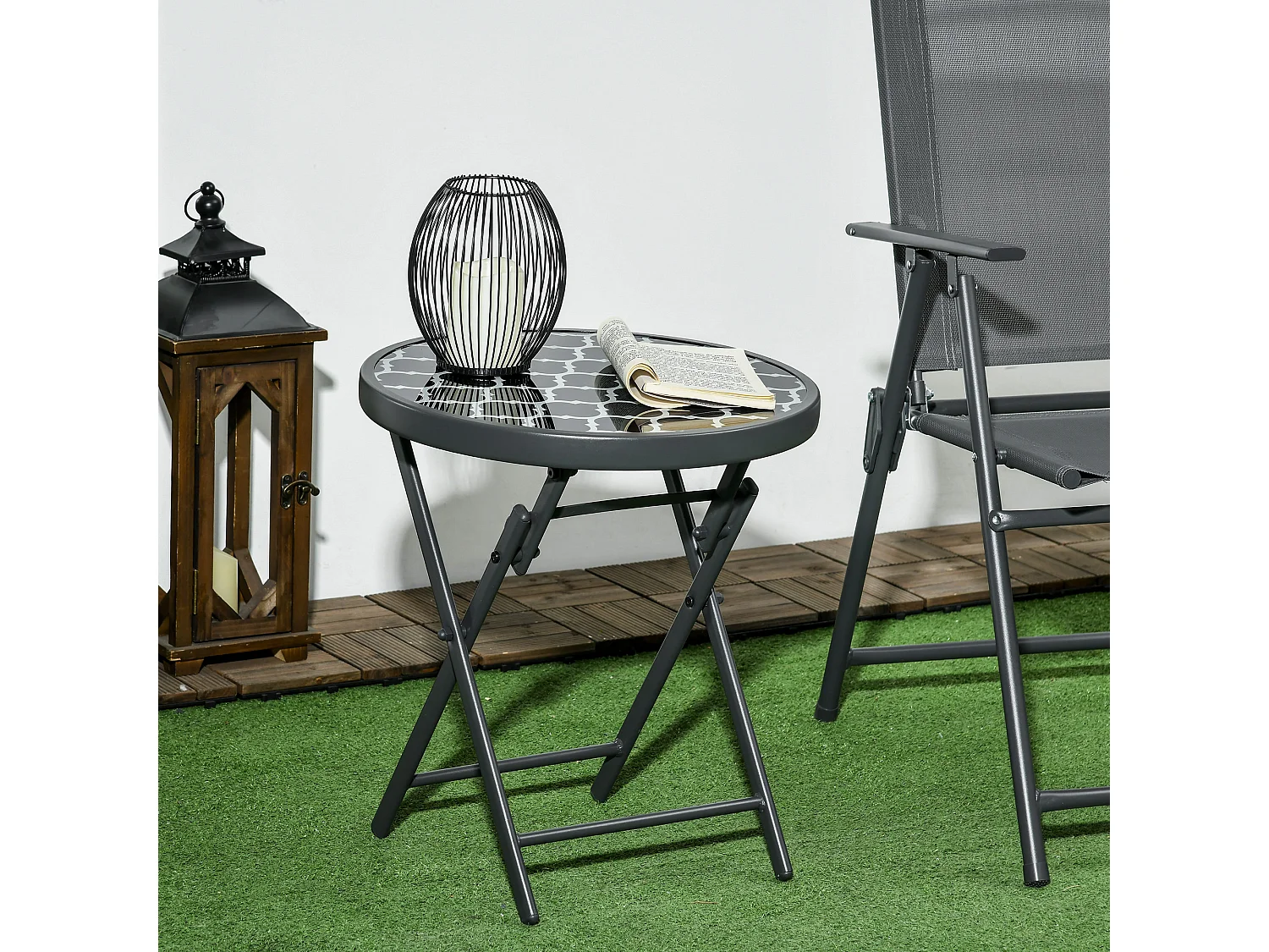 Ronde opklapbare tafel met glazen blad, metaal, zwart (Ø45x50cm)