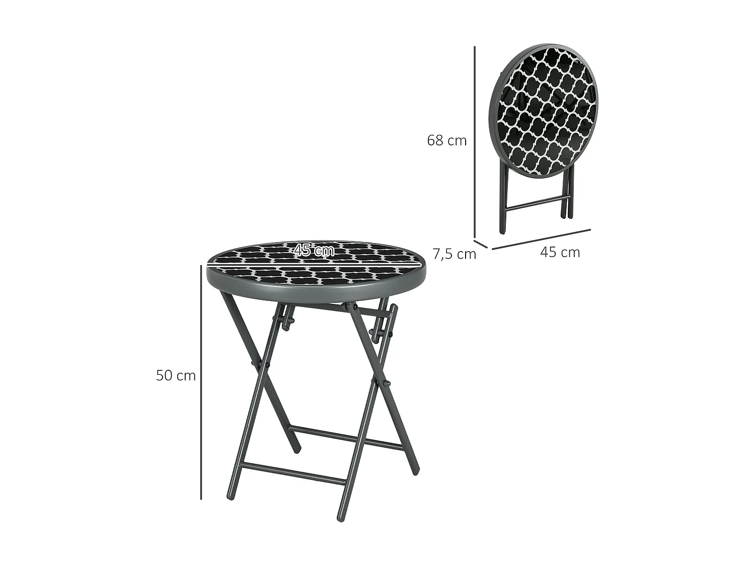 Ronde opklapbare tafel met glazen blad, metaal, zwart (Ø45x50cm)