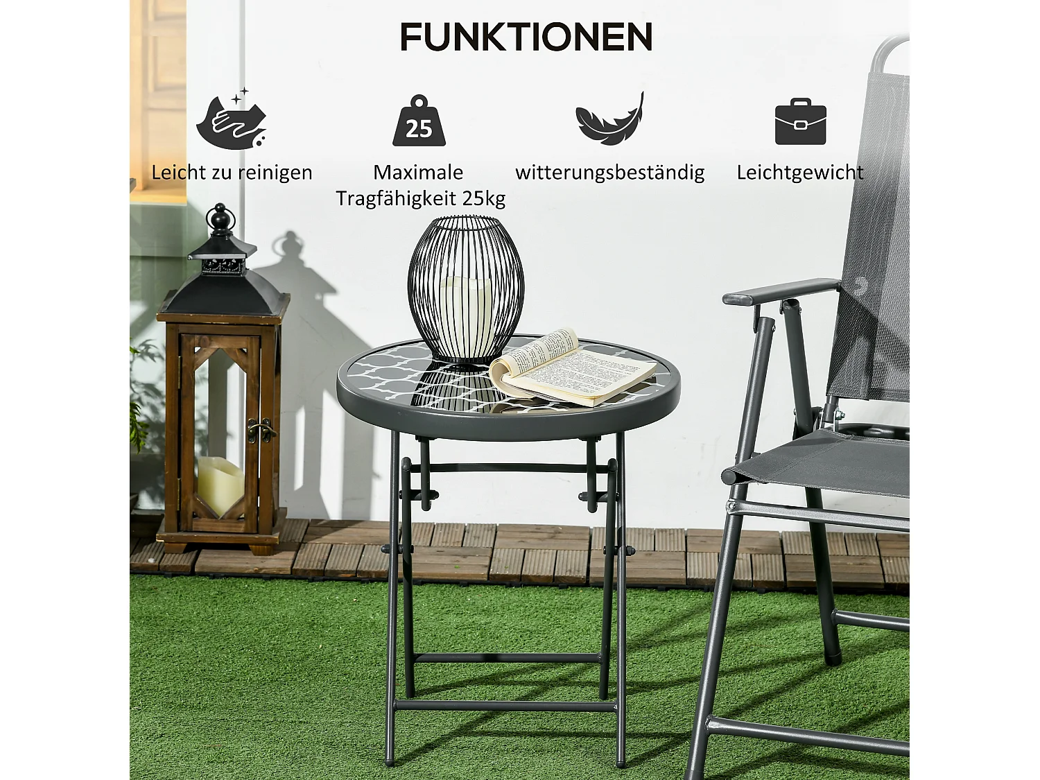 Ronde opklapbare tafel met glazen blad, metaal, zwart (Ø45x50cm)