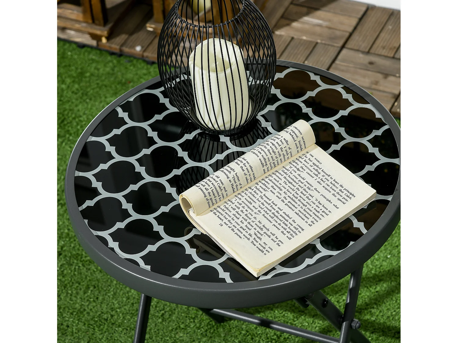 Ronde opklapbare tafel met glazen blad, metaal, zwart (Ø45x50cm)