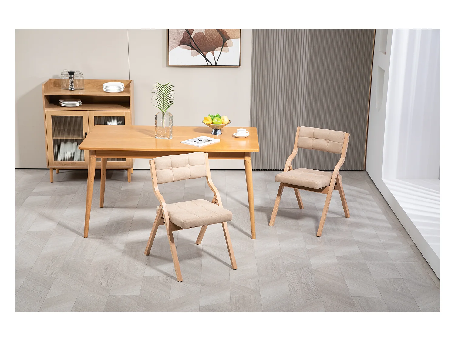 Lot de 2 Chaises pliantes avec coussin, chaises pliables en bois, crème (61x48x77 cm)