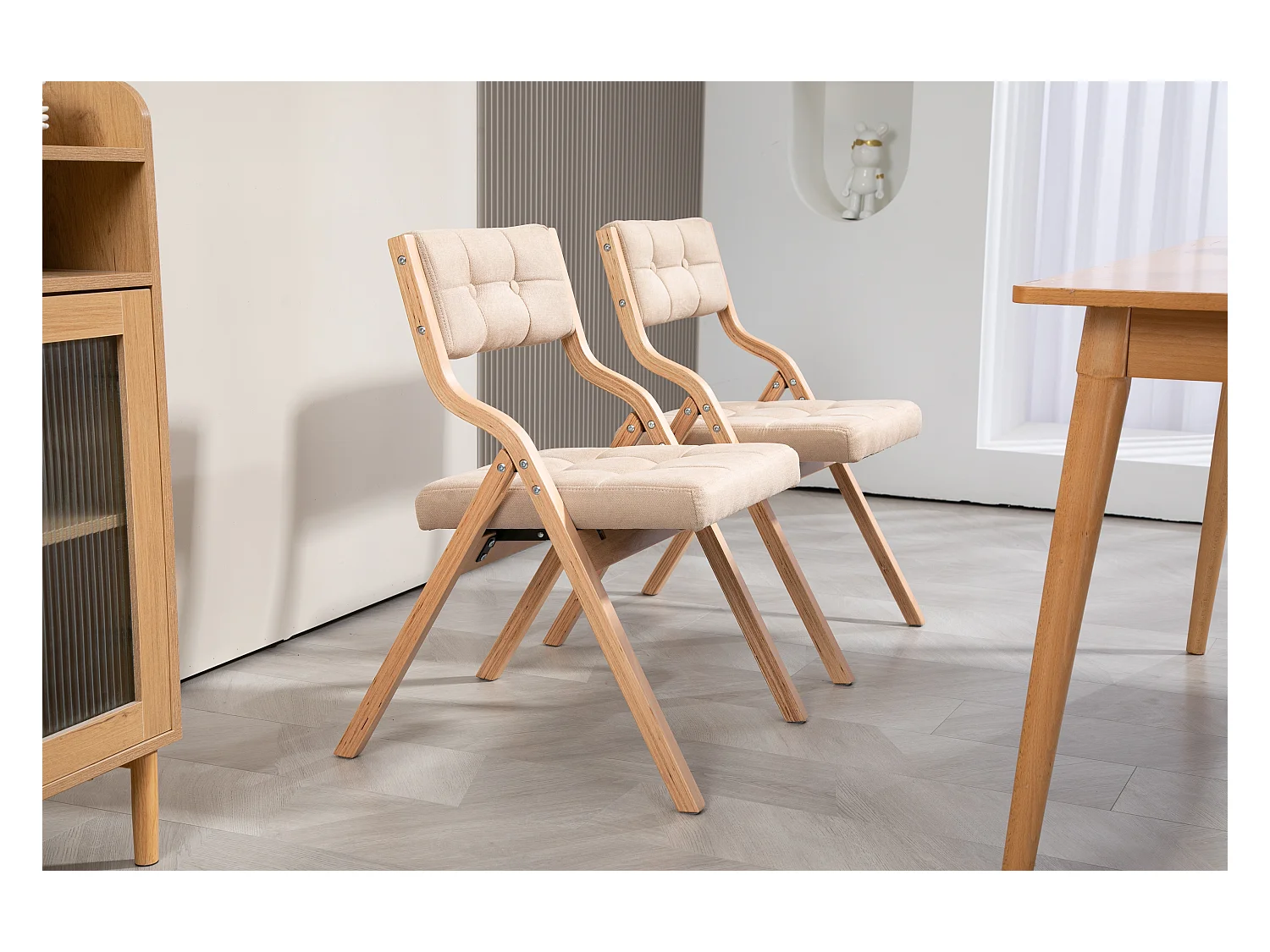 Lot de 2 Chaises pliantes avec coussin, chaises pliables en bois, crème (61x48x77 cm)