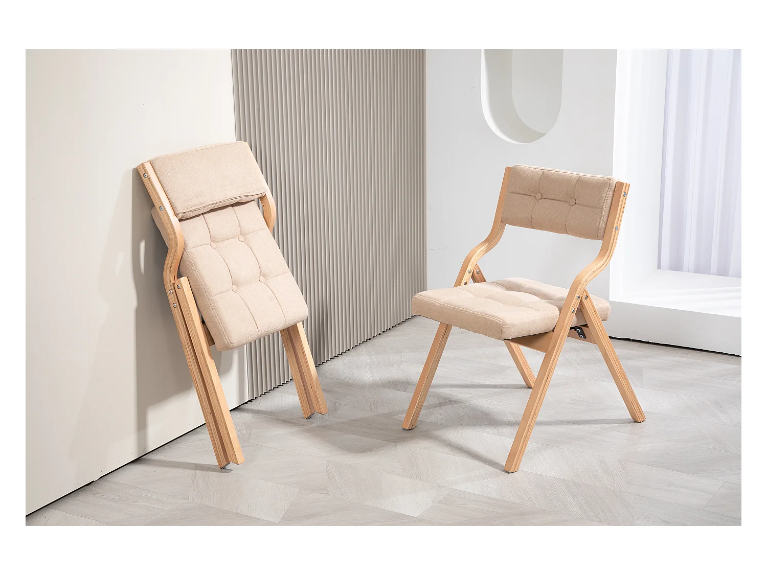 Lot de 2 Chaises pliantes avec coussin, chaises pliables en bois, crème (61x48x77 cm)