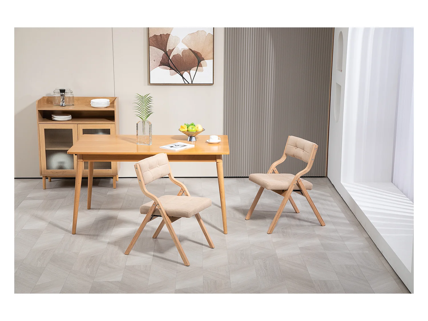 Lot de 2 Chaises pliantes avec coussin, chaises pliables en bois, crème (61x48x77 cm)