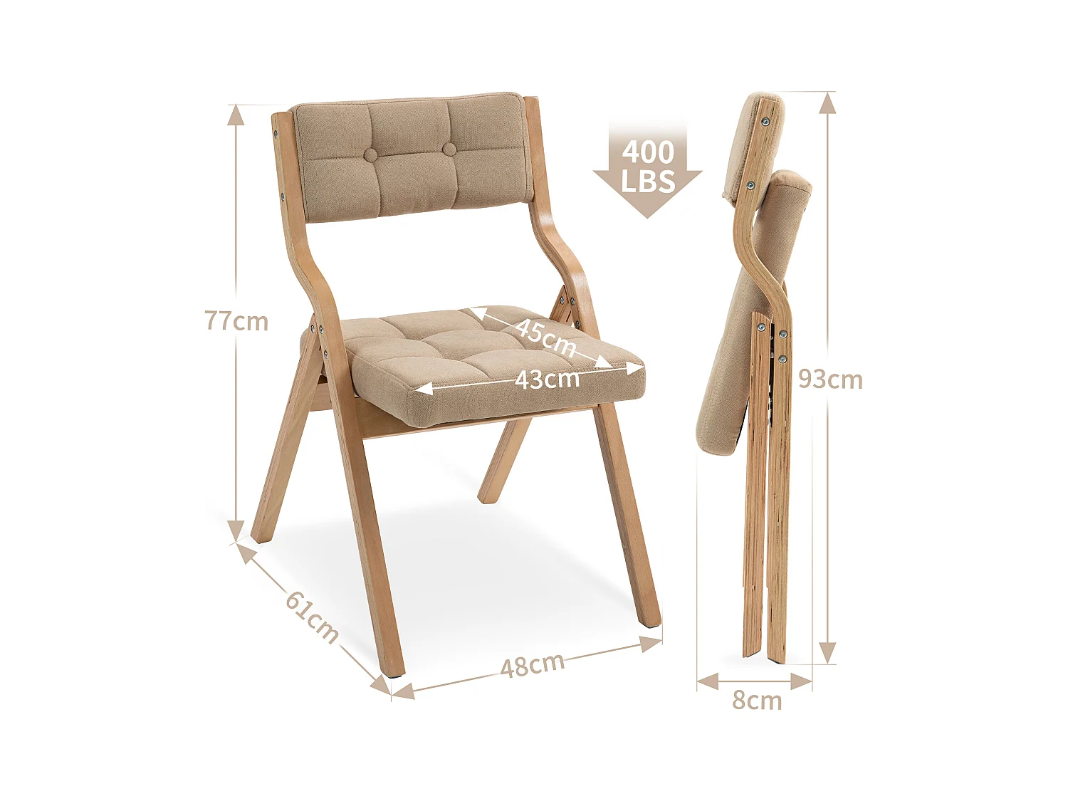 Lot de 2 Chaises pliantes avec coussin, chaises pliables en bois, crème (61x48x77 cm)