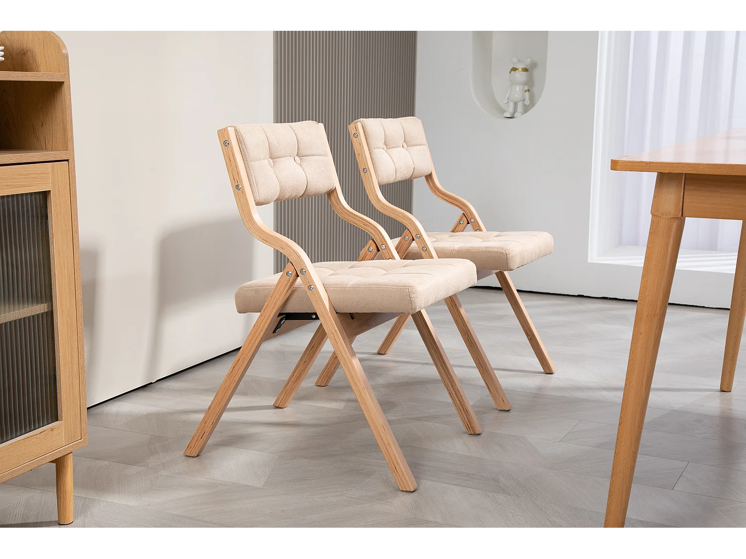 Lot de 2 Chaises pliantes avec coussin, chaises pliables en bois, crème (61x48x77 cm)