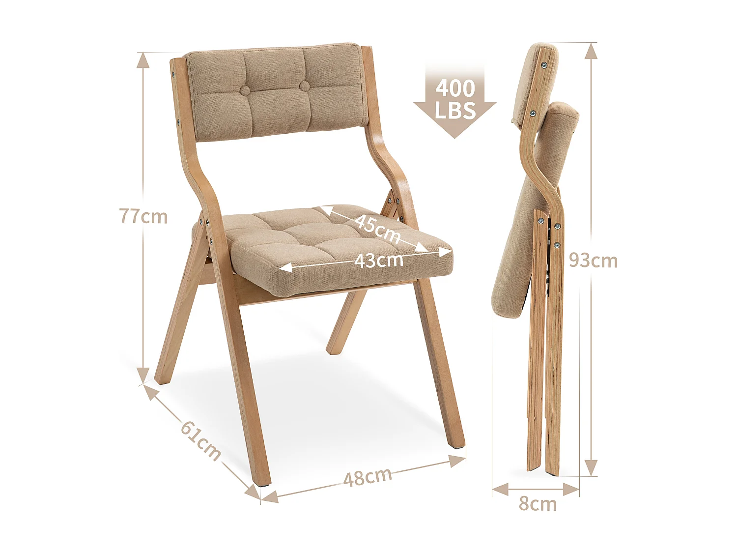 Lot de 2 Chaises pliantes avec coussin, chaises pliables en bois, crème (61x48x77 cm)