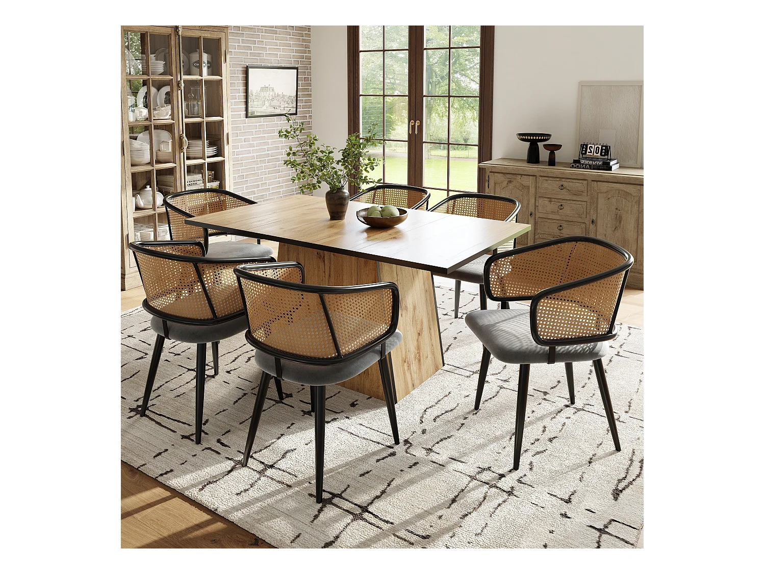 Chaises de salle à manger avec dossier en rotin (6 pièces), coussin en velours, design moderne, pieds en métal, gris (47x51x79 cm)