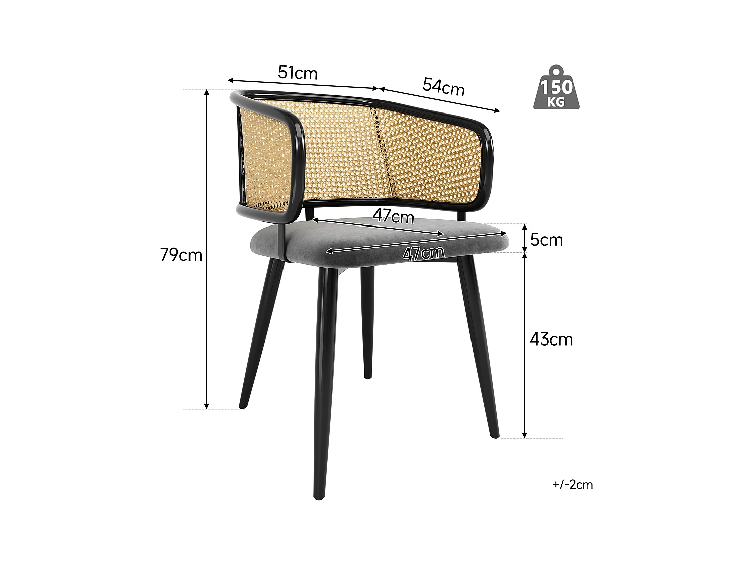 Chaises de salle à manger avec dossier en rotin (6 pièces), coussin en velours, design moderne, pieds en métal, gris (47x51x79 cm)