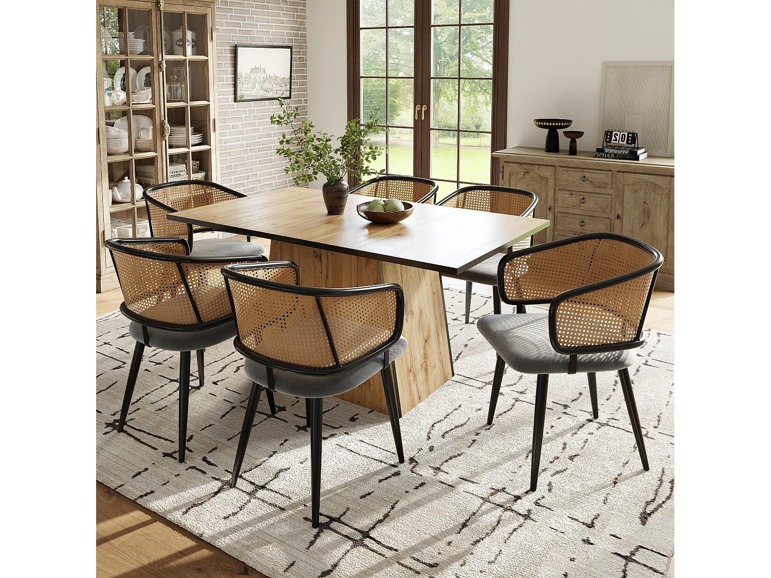 Chaises de salle à manger avec dossier en rotin (6 pièces), coussin en velours, design moderne, pieds en métal, gris (47x51x79 cm)