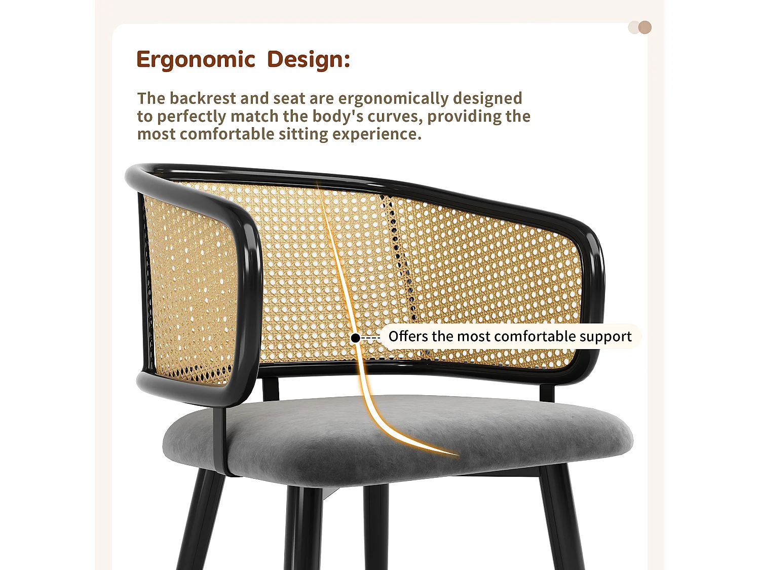 Chaises de salle à manger avec dossier en rotin (6 pièces), coussin en velours, design moderne, pieds en métal, gris (47x51x79 cm)