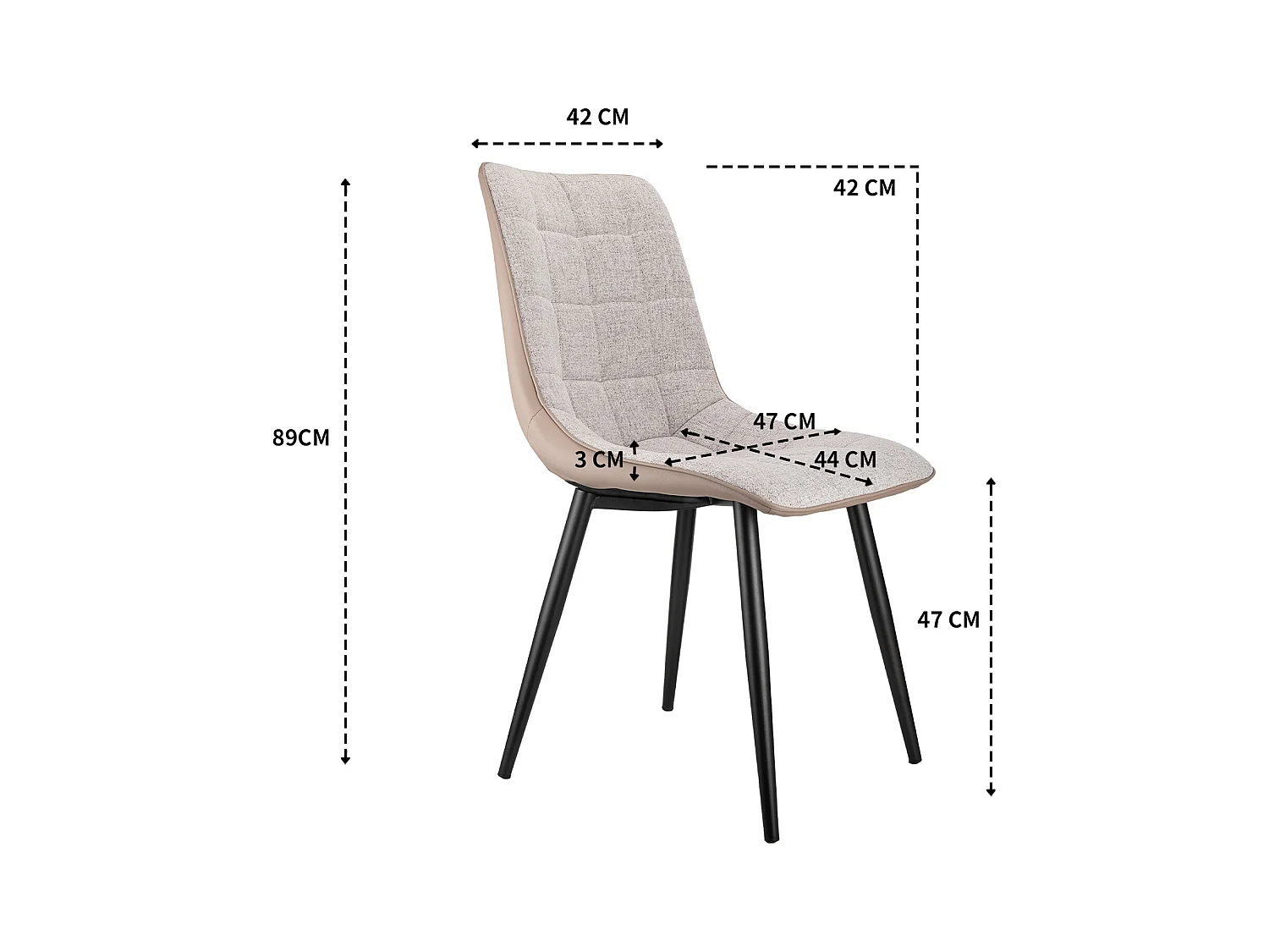 2 chaises de salle à manger avec structure métallique, tissu lin et similicuir, confortable et moderne, gris (47x44x89 cm)
