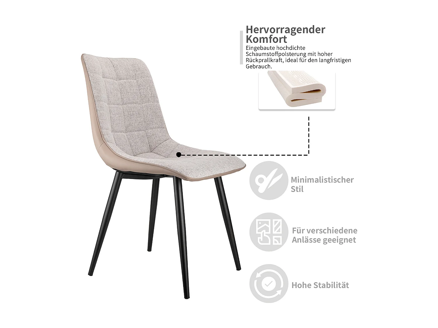 2 chaises de salle à manger avec structure métallique, tissu lin et similicuir, confortable et moderne, gris (47x44x89 cm)