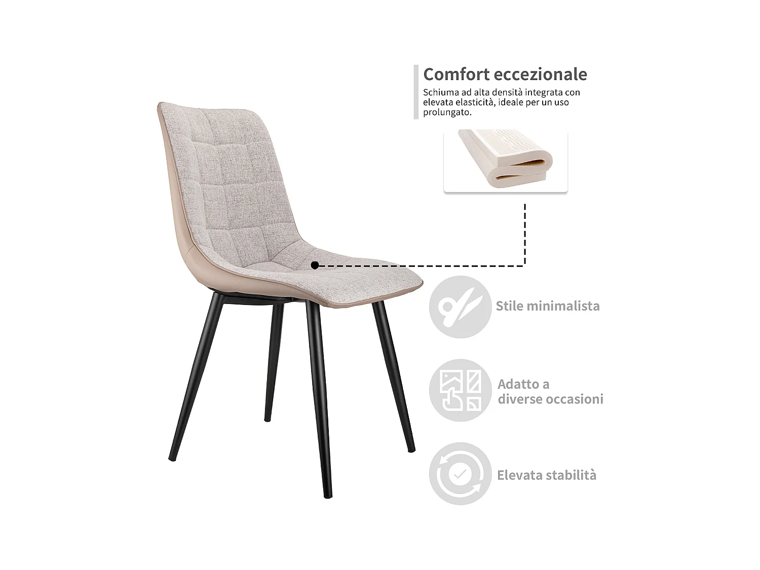 eetkamerstoelen met metalen frame, linnen stof en imitatieleer, comfortabel en modern, grijs (47x44x89 cm)