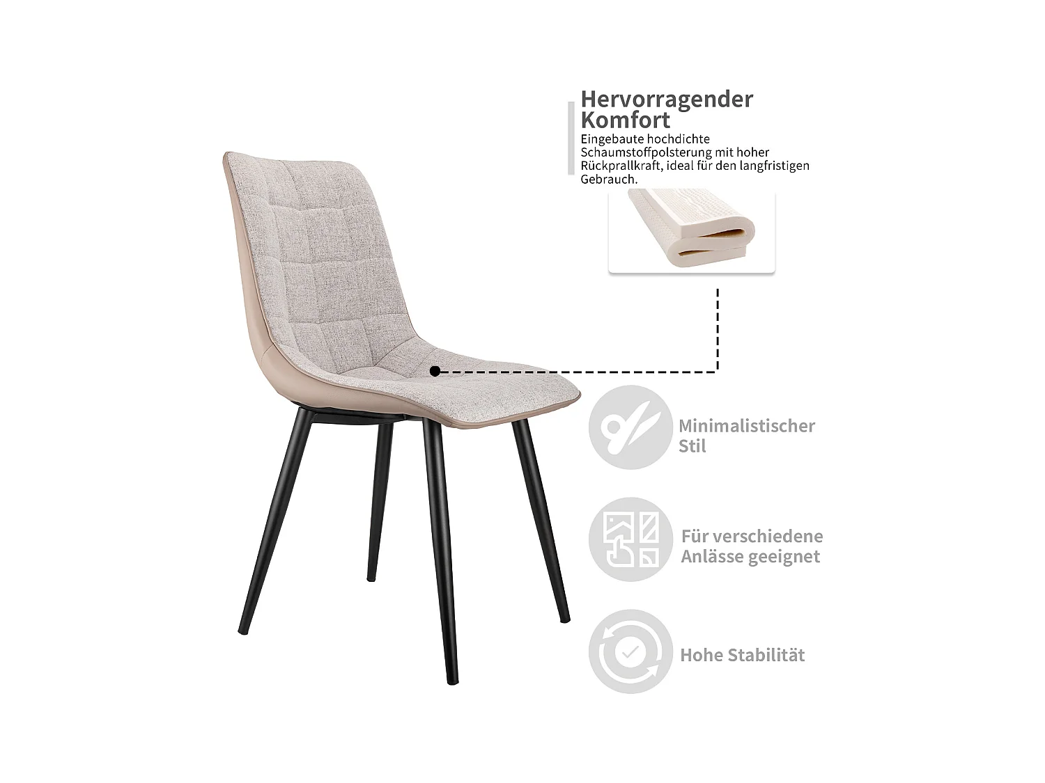 eetkamerstoelen met metalen frame, linnen stof en imitatieleer, comfortabel en modern, grijs (47x44x89 cm)