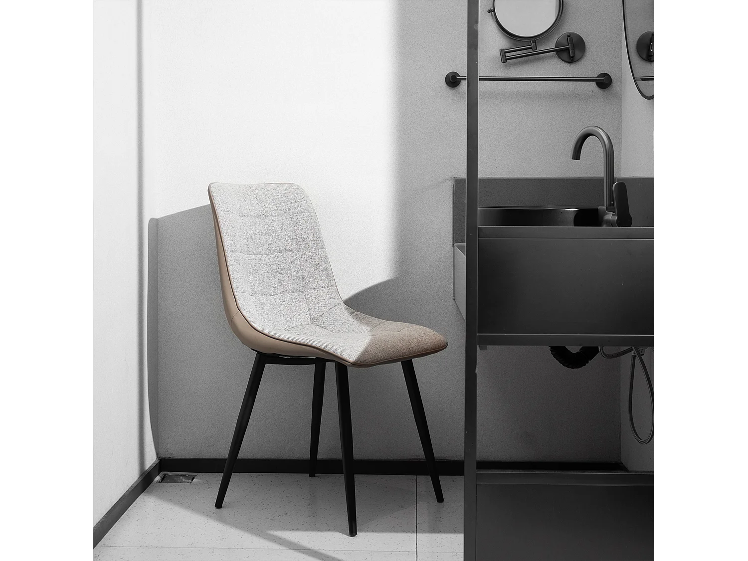 2 chaises de salle à manger avec structure métallique, tissu lin et similicuir, confortable et moderne, gris (47x44x89 cm)