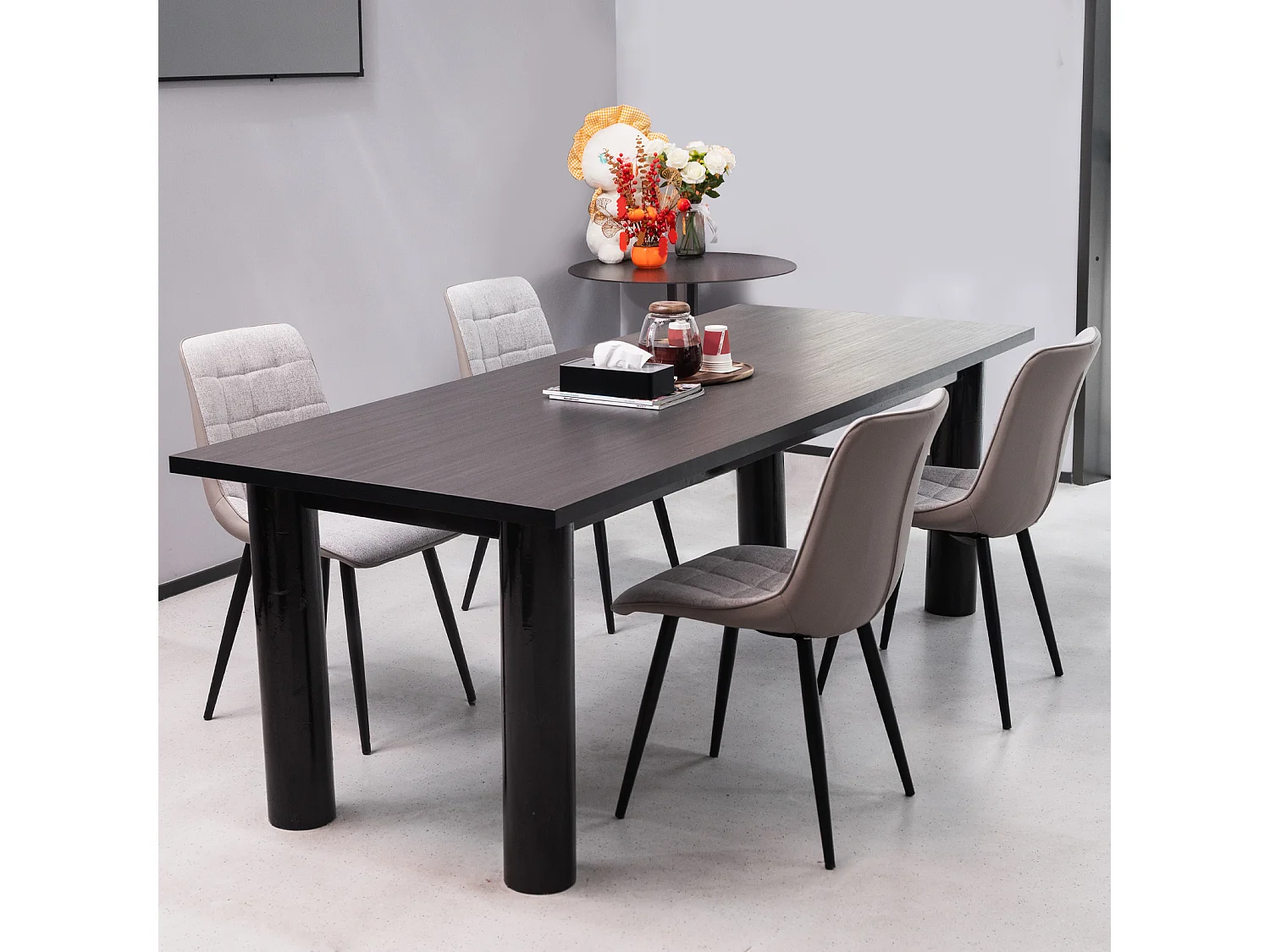 2 chaises de salle à manger avec structure métallique, tissu lin et similicuir, confortable et moderne, gris (47x44x89 cm)