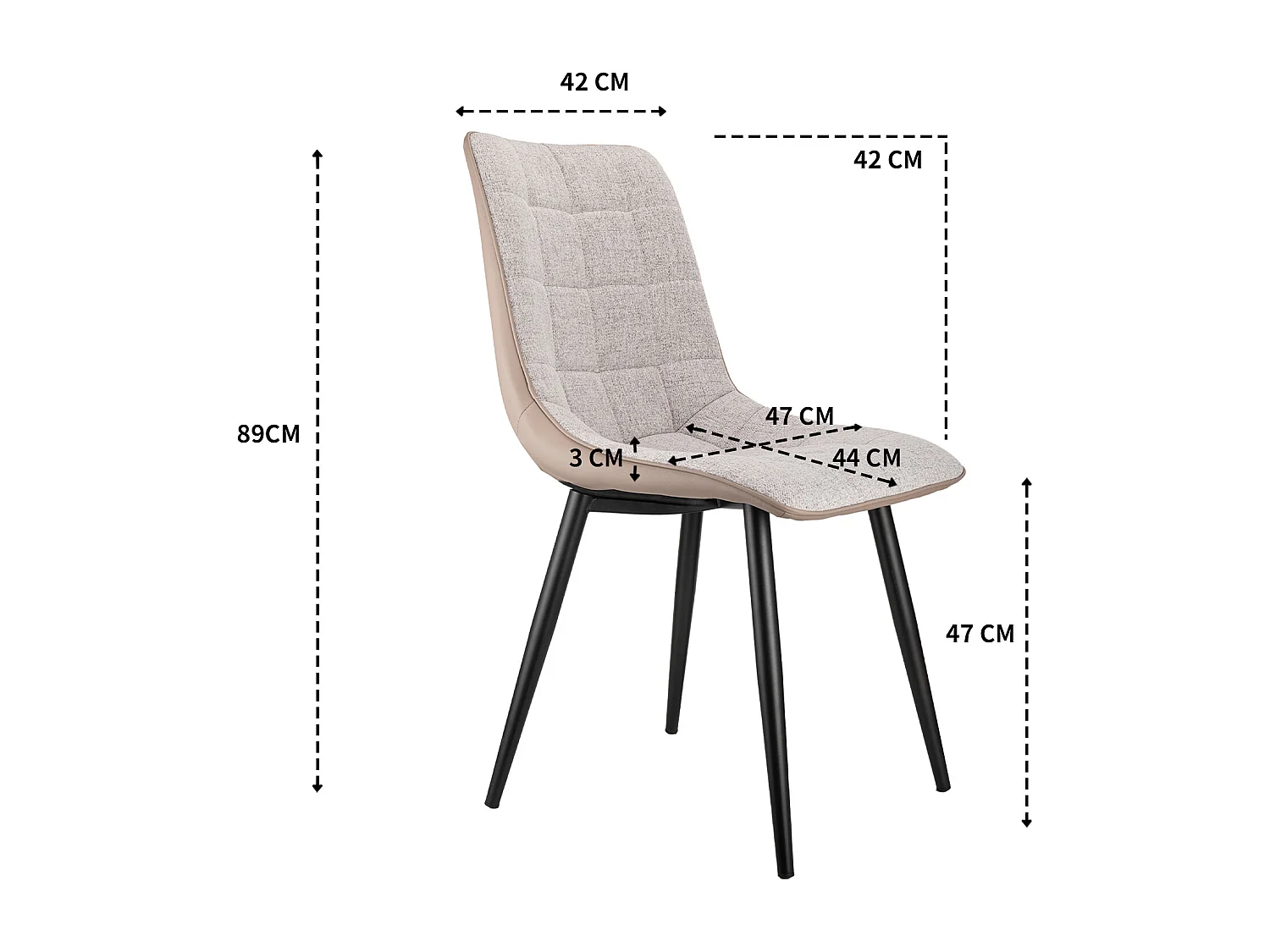 2 chaises de salle à manger avec structure métallique, tissu lin et similicuir, confortable et moderne, gris (47x44x89 cm)