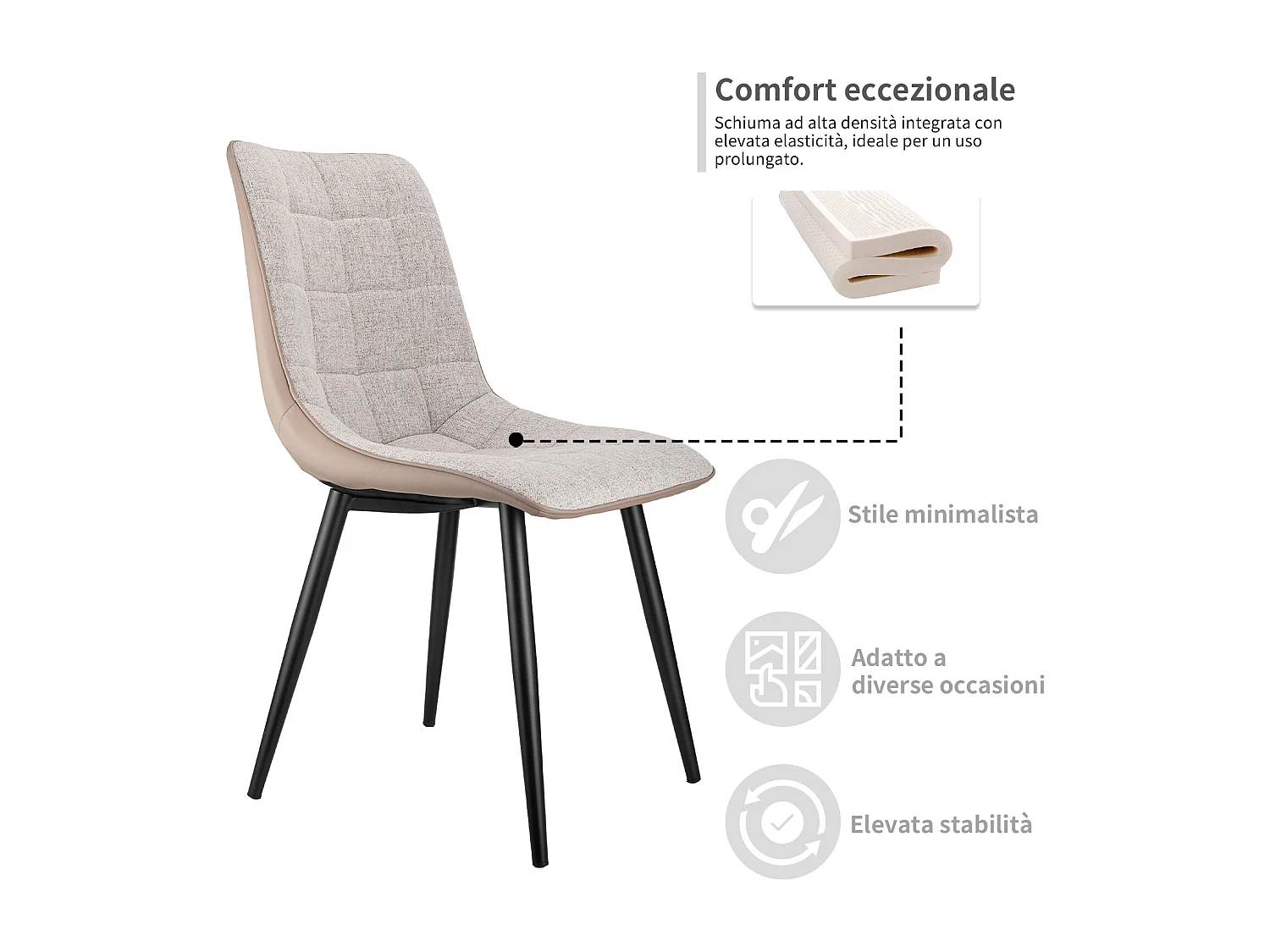 2 chaises de salle à manger avec structure métallique, tissu lin et similicuir, confortable et moderne, gris (47x44x89 cm)