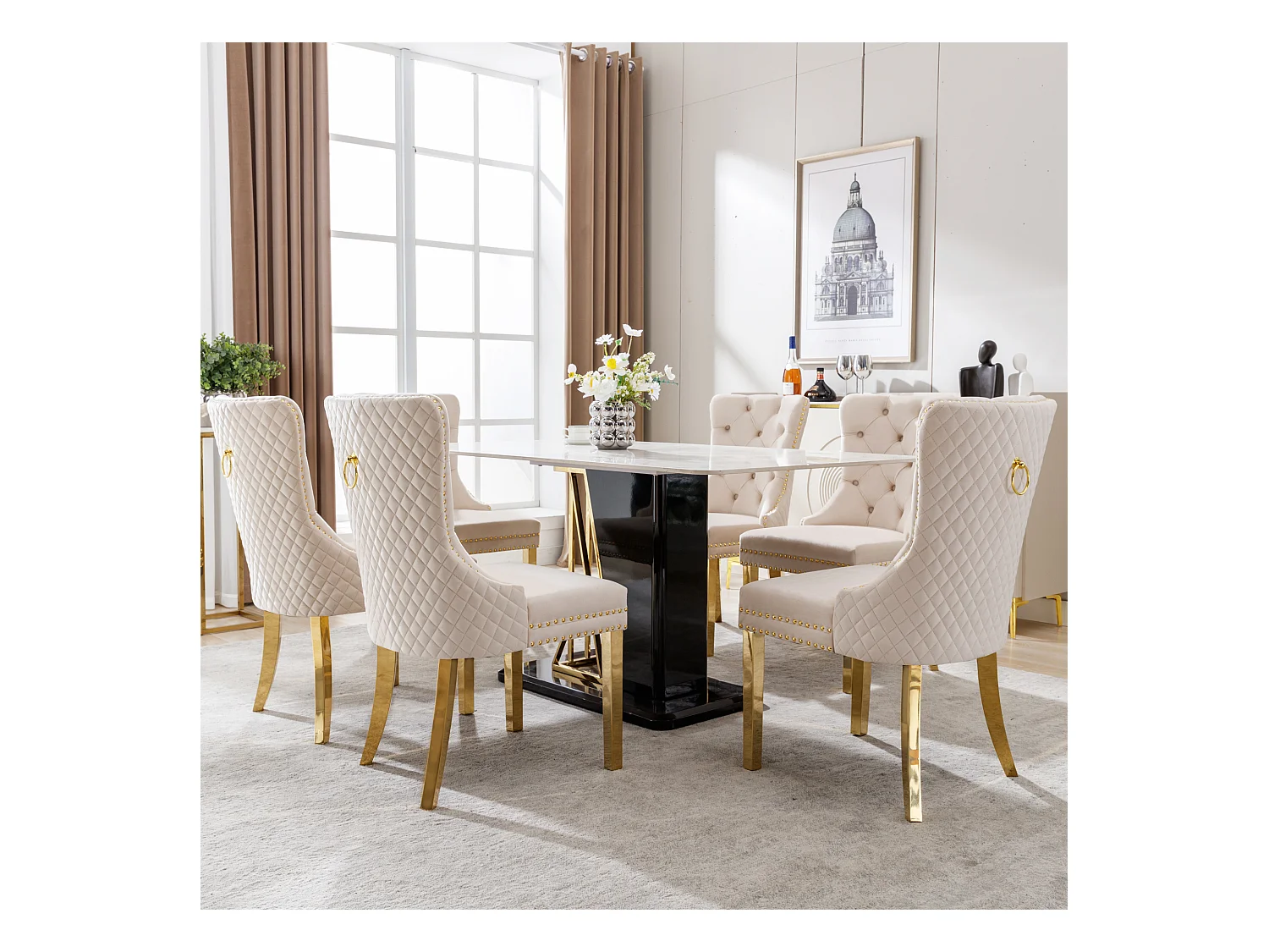 Chaise de salle à manger en velours, clous décoratifs, pieds en acier inoxydable doré, Beige/Or (50.5x45x95 cm)