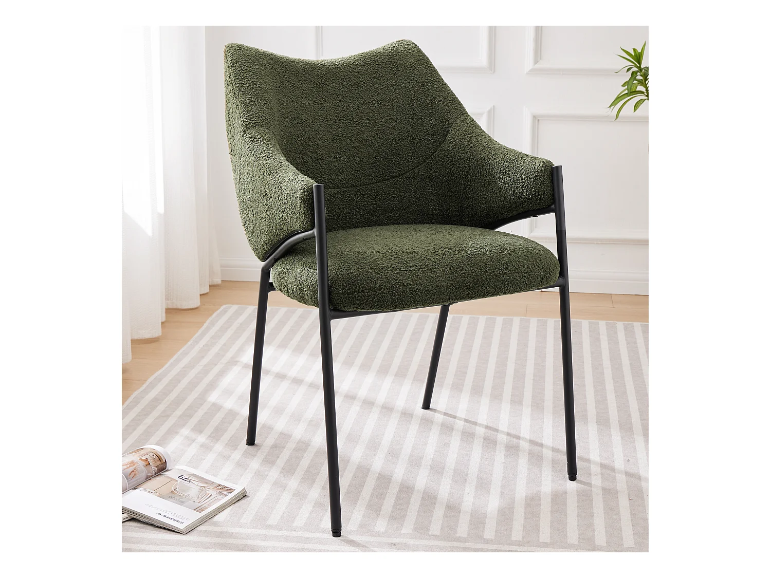 Chaise de salle à manger, fauteuil lounge avec accoudoirs, tissu en peluche sherpa, coussin épais, vert (48x52.5x83.7 cm)