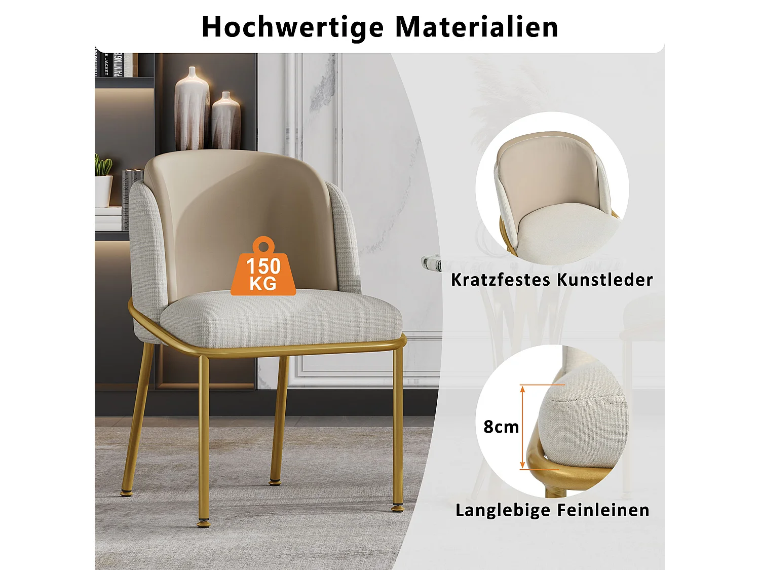 Moderne designstoel met verstelbare poten, metaal en hout, beige (55x55x85cm)
