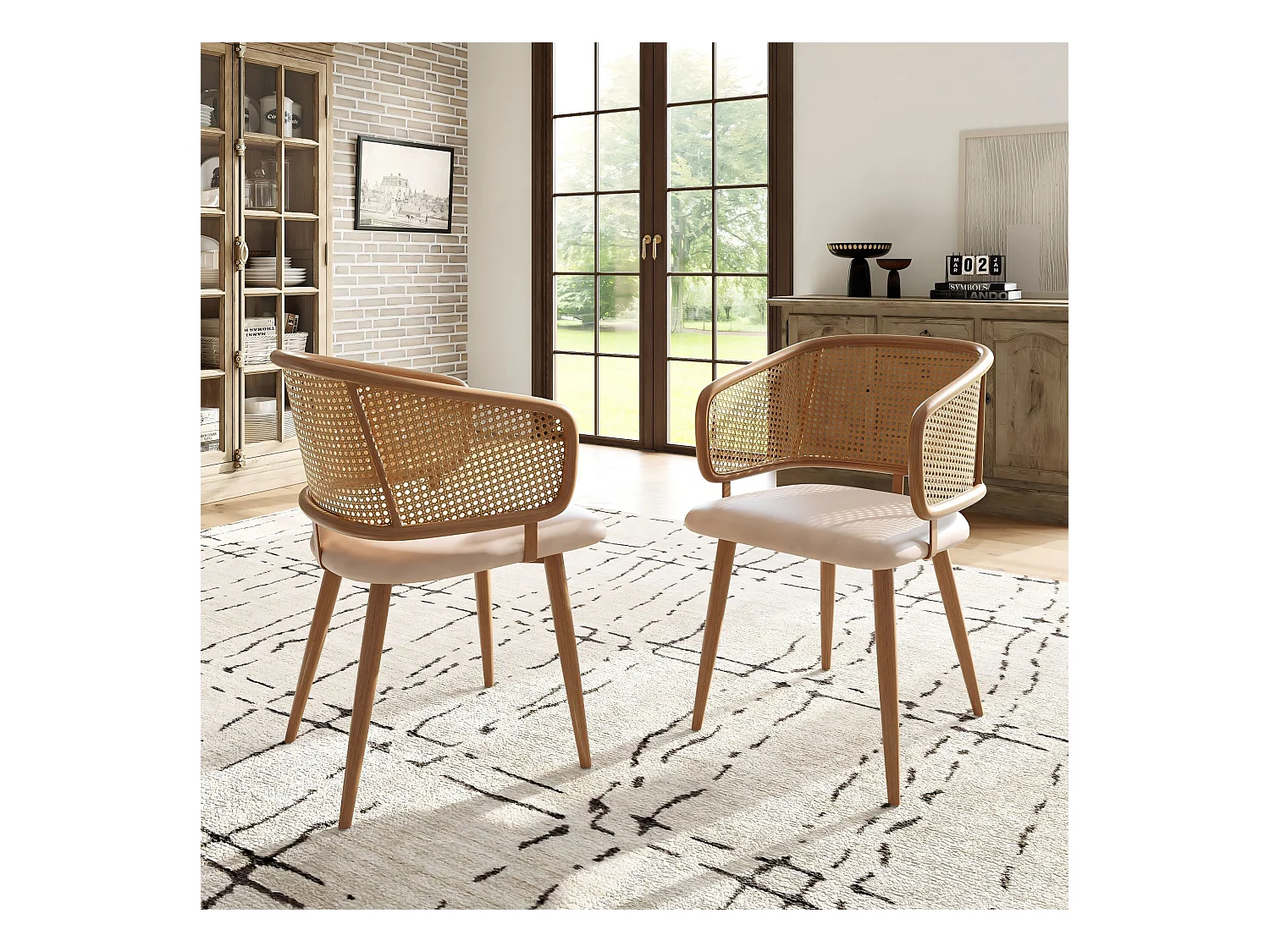 Ensemble de 4 chaises de salle à manger avec dossier en rotin, coussins en PU, design moderne, métal, beige (47x51x79 cm)