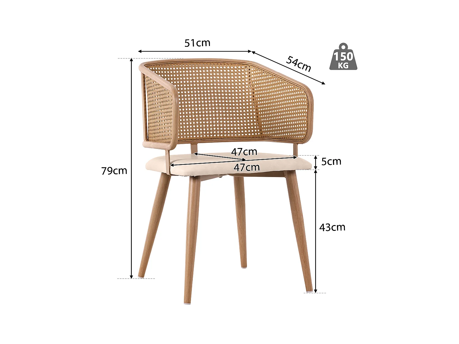 Ensemble de 4 chaises de salle à manger avec dossier en rotin, coussins en PU, design moderne, métal, beige (47x51x79 cm)